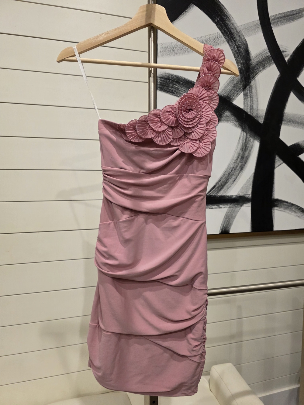 B Darlin One-Shoulder Dusty Pink Floral Appliqué Mini Dress